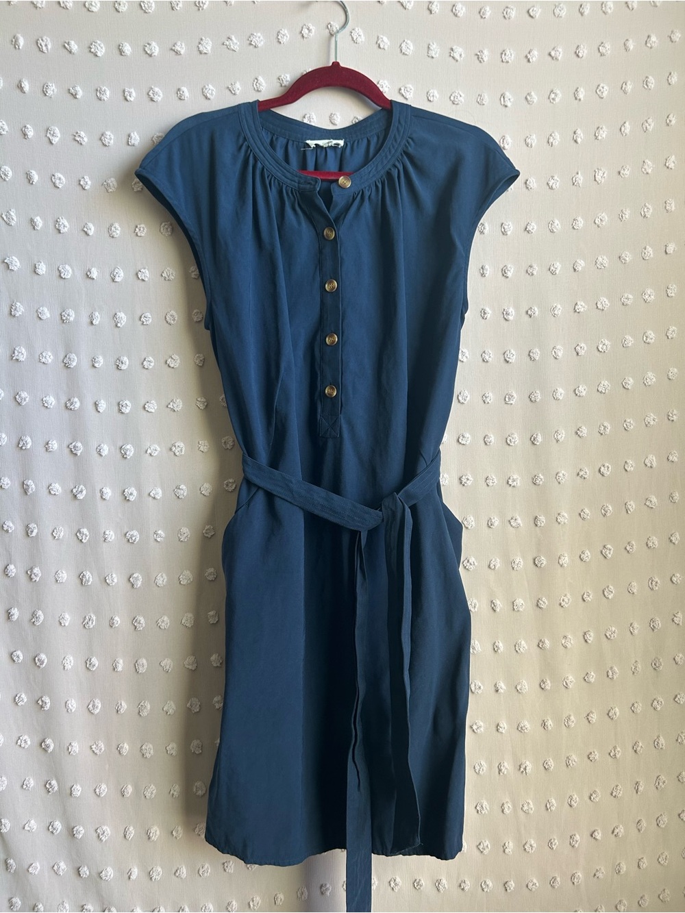 A loves A Knee Length Button Front Tie Waist Short Sleeve Dress Sz L Navy Blue